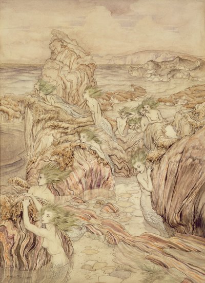 Dcera moře, ilustrace ze Tří zlatých jablek, Nathaniel Hawthorne (pero a inkoust & wc na papíře) od Arthur Rackham