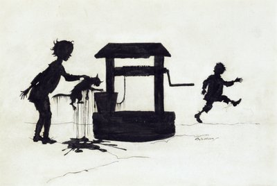 Ding Dong Bell, ilustrace z Mother Goose: The Old Nursery Rhymes, vydané v roce 1913 (pero a inkoust) od Arthur Rackham