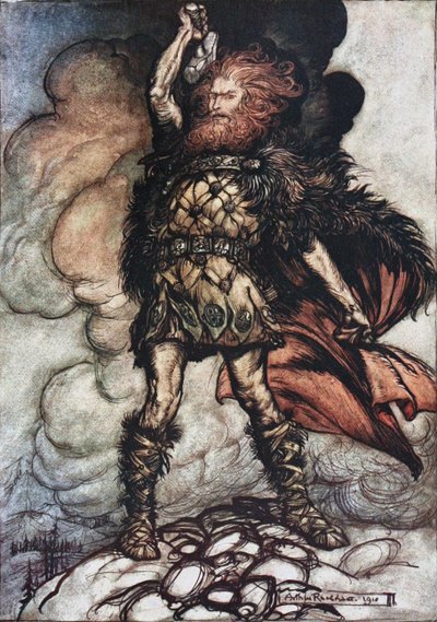 Donner, váš pane, svolává své hostitele! Ilustrace ke skladbě The Rhinegold and The Valkyrie od Richarda W od Arthur Rackham