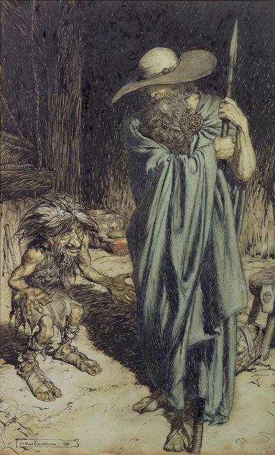 Trpaslík a žena, z Wagnerova prstenu Nibelungů, 1911 (wc, pero a inkoust) od Arthur Rackham