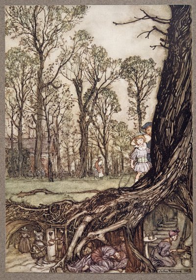 Víly jsou všechny víceméně v úkrytu až do soumraku, od Petera Pana v Kensington Gardens od J. M. Barrieho (1860 - 1937), hospoda. 1906 od Arthur Rackham