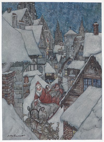 Otec Vánoce cestování zasněženými ulicemi na sáně od Arthur Rackham