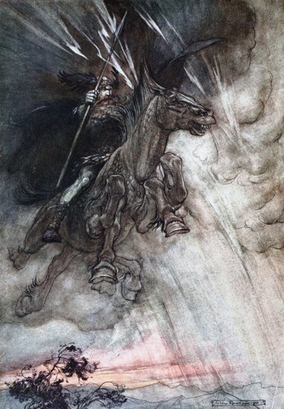 Wotan zuřivě jede ke skále. Ilustrace pro The Rhinegold and The Valkyrie od Richarda od Arthur Rackham