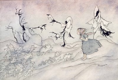 Gerdu děsí předvoj Sněhových královen, ale řekla Otče náš a zachrání ji malí bystrí andělé, ilustrace ze Sněhové královny od Hanse Christiana Andersena, vydáno 1932 (wc & i od Arthur Rackham