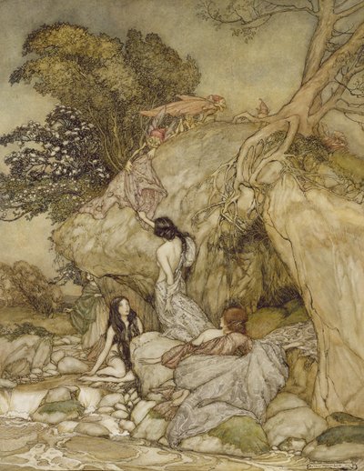 Girls by a Stream, 1906 (pero, inkoust a wc) od Arthur Rackham