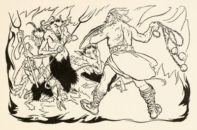 Goll mac Morna útočí na peklo, aby zachránil Fionn a Fiannu-Finn z The Little Brawl at Allen v Irish Fairy Tales od Arthur Rackham
