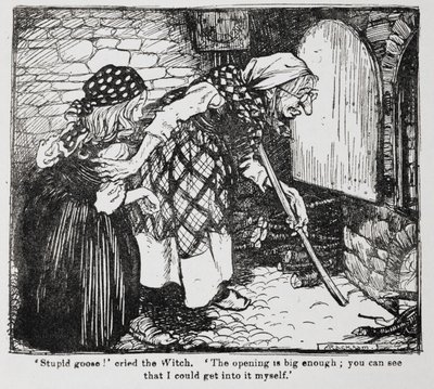 Grethel a stará čarodějnice u pece od Jeníček a Grethel. od Arthur Rackham