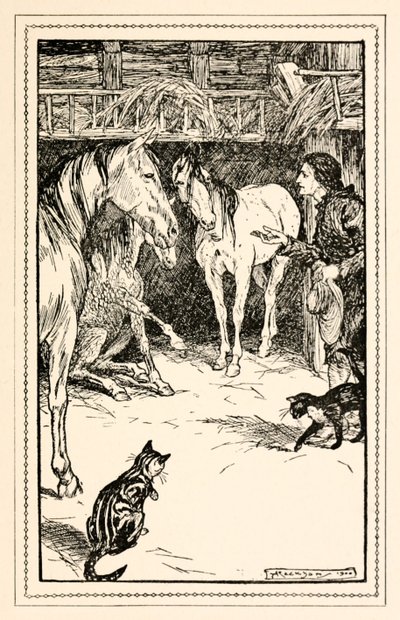 Gulliver má tu čest být vyslýchán hosty jeho pánů z Části IV: Cesta do země Houyhnhnmů v Gullivers Travels od Jonathana Swifta od Arthur Rackham