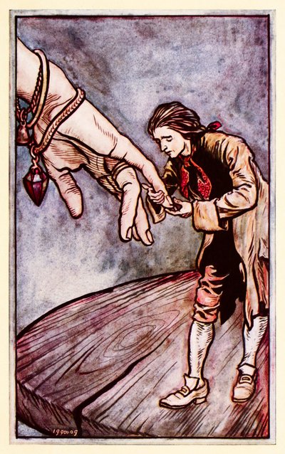 Gulliver líbá ruku královně Brobdingnagian z Part II: A Voyage to Brobdingnag v Gullivers Travels od Jonathana Swifta od Arthur Rackham