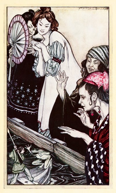 Setkání Gulliverů se žábou z části II: A Voyage to Brobdingnag v Gullivers Travels od Jonathana Swifta od Arthur Rackham
