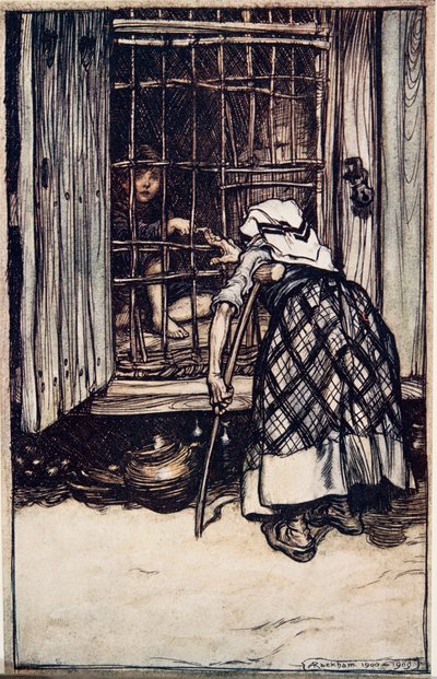 Jeníček natáhl kloubní kost a stará žena, jejíž oči byly zakalené, neviděla a myslela si, že je to jeho prst, a velmi ji udivilo, že neztloustl...z Pohádek B. od Arthur Rackham
