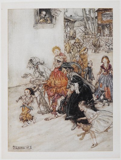 „Hark! Hark! Psi dělají kůru. Sbírka postav včetně Jesteru, starých žen a dětí, procházky ulicemi. od Arthur Rackham