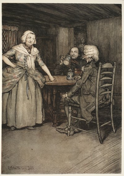 Našel staré měšťany a ještě více jejich manželky bohaté na onu legendární lásku tak neocenitelnou pro skutečnou historii. od Rip Van Winkle od Washingtona Irvinga, hospoda. 1910 od Arthur Rackham