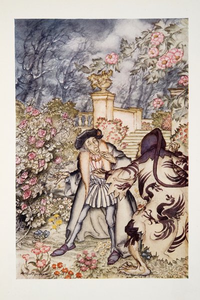 Slyšel hlasitý zvuk a viděl, jak se k němu blíží zvíře, na pohled tak děsivé, že byl připraven omdlít strachy, z hospody The Arthur Rackham Fairy Book. 1933 od Arthur Rackham