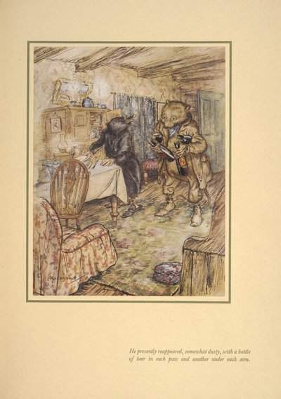 Vzápětí se znovu objevil, poněkud zaprášený, s lahví piva v každém pivu pod paží.“ od Arthur Rackham