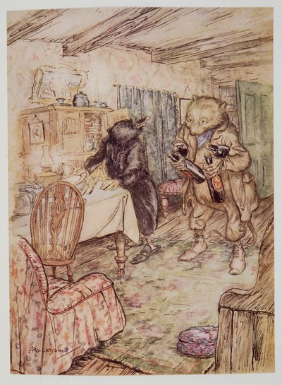 Vzápětí se znovu objevil, poněkud zaprášený, s lahví piva v každé tlapce a další pod paží, z hospody Wind in the Willows od Kennetha Grahama (1859 - 1932). 1940 od Arthur Rackham