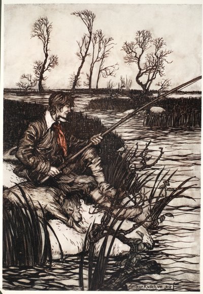 Celý den seděl na mokré skále a chytal ryby., od Rip Van Winkle od Washingtona Irvinga, hospoda. 1910 od Arthur Rackham