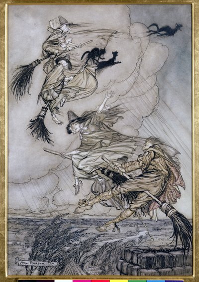 Ahoj! Vzhůru do komína! Hey After you!, ilustrace v The Ingoldsby Legends of Mirth and Marvels, 1907 (pero a inkoust s wc na papíře) od Arthur Rackham