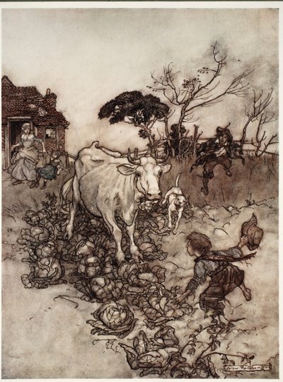 Jeho kráva by zabloudila nebo se dostala mezi zelí., od Rip Van Winkle od Washingtona Irvinga, hospoda. 1910 od Arthur Rackham