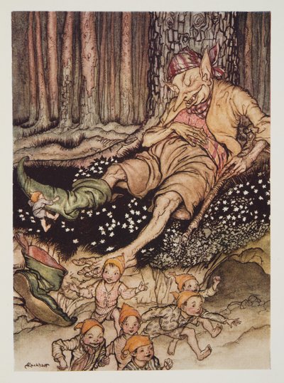 Hop-o-my-palec se tiše zvedl ke zlobrovi a zul si jeho sedmiligové boty z hospody The Arthur Rackham Fairy Book. 1933 od Arthur Rackham