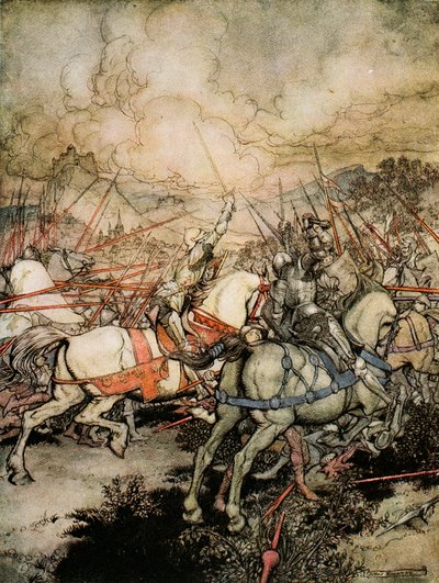 Jak Arthur poprvé vytasil svůj meč, Excalibur, ilustrace z „Romantika krále Artuše a jeho rytířů kulatého stolu“ od Alfreda W. Pollarda, 1910 od Arthur Rackham