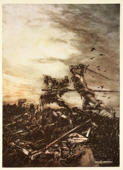 Jak byl Mordred zabit Arthurem a jak byl Arthur zraněn k smrti, ilustrace z románu Alfreda Pollarda „Romance krále Artuše a jeho rytířů kulatého stolu“ od Arthur Rackham