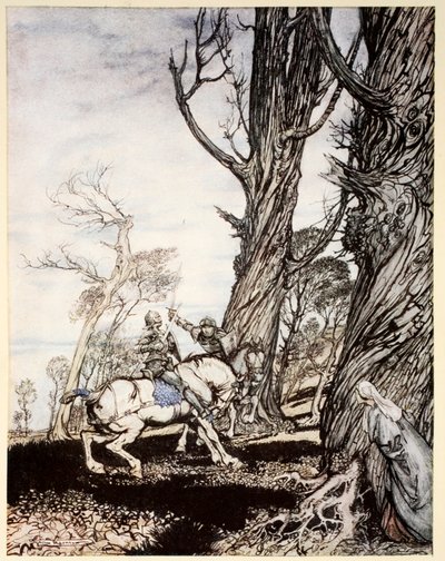 Jak sir Launcelot zabil rytíře sira Perise de Forest Savage, který trápil dámy, dámy a gentlemanky, ilustrace z „Romance krále Artuše a jeho rytířů kulatého stolu“ od A. od Arthur Rackham