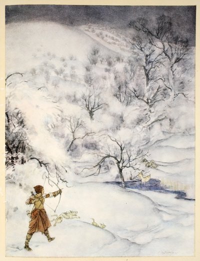 Jak byl sir Launcelot zastřelen džentlmenou na lovu, ilustrace z „Romantika krále Artuše a jeho rytířů kulatého stolu“ od Alfreda W. Pollarda, 1910 od Arthur Rackham