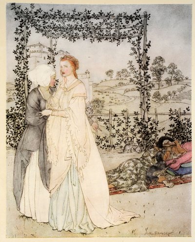 Jak poznal Tristrama podle malého brachetu v zahradě hradu krále Marka, ilustrace z „Romance krále Artuše a jeho rytířů kulatého stolu“ od Alfreda W. Pollarda, 1910 (barva l od Arthur Rackham
