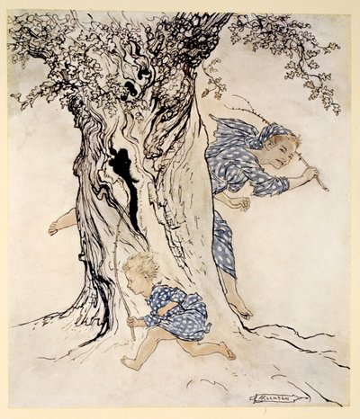 Jak se namáhal a lapal po dechu, aby chytil tu pronásledující osobu a pronásledoval ji a uvedl do akce svůj vlastní přepínač, ilustrace z „Irských pohádek“ od Jamese Stephense, 1920 od Arthur Rackham