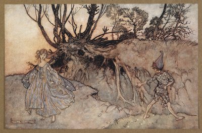„Jak teď, duchu! "Kam se touláš?" Puk a víla. Scéna ze „Snu noci svatojánské“. od Arthur Rackham