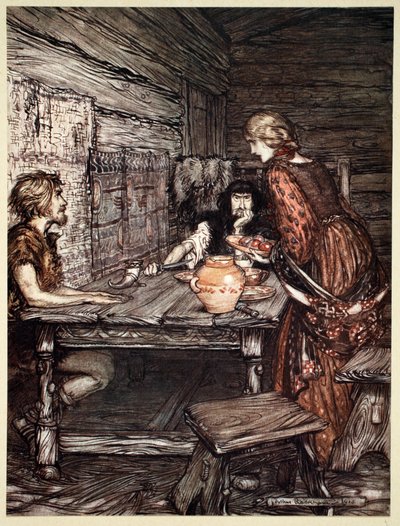 „Hunding objevuje podobnost mezi Siegmundem a Sieglundem“, 1910. od Arthur Rackham