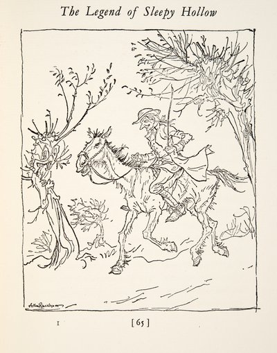 Ichabod Crane uniká před bezhlavým jezdcem, z Legendy o ospalé prohlubni od Washingtona Irvinga (1783 - 1859), hospoda. 1928 od Arthur Rackham