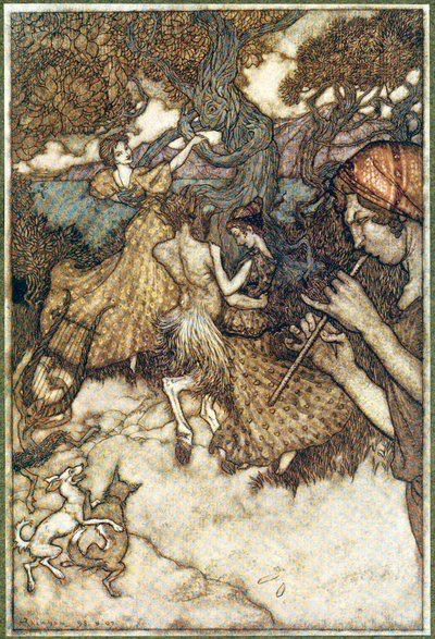 Pokud Orpheus nejprve produkoval valčík., z The Ingoldsby Legends, pub. 1907. od Arthur Rackham