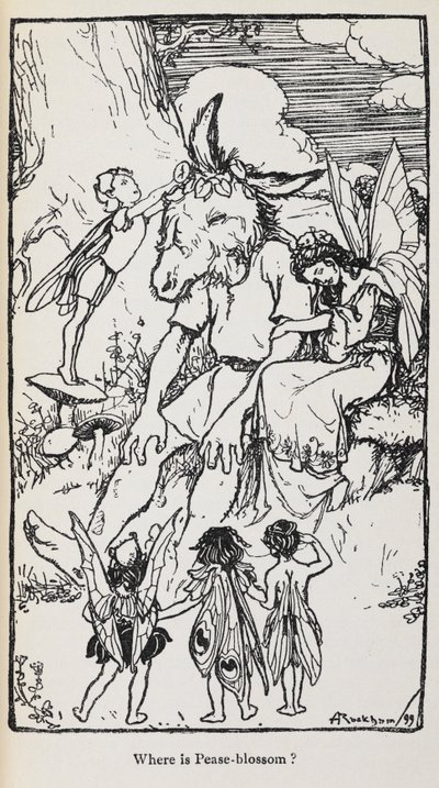 Ilustrace ze Snu noci svatojánské s vílami a mužem s oslí hlavou. od Arthur Rackham