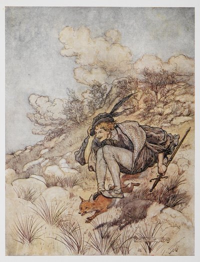 Ilustrace ze Zlatého ptáka. Princ jedoucí na lišce. od Arthur Rackham