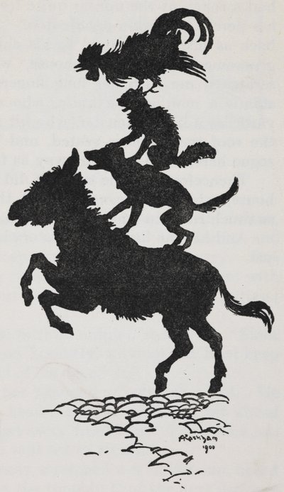 Ilustrace z Brémských hudebníků osla, psa, kočky a kohouta. od Arthur Rackham