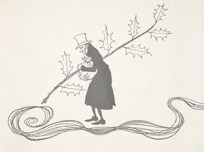 Ilustrace Scrooge, znázorněného snítkou cesmíny, jak svírá pytel peněz a vypadá naštvaně. od Arthur Rackham