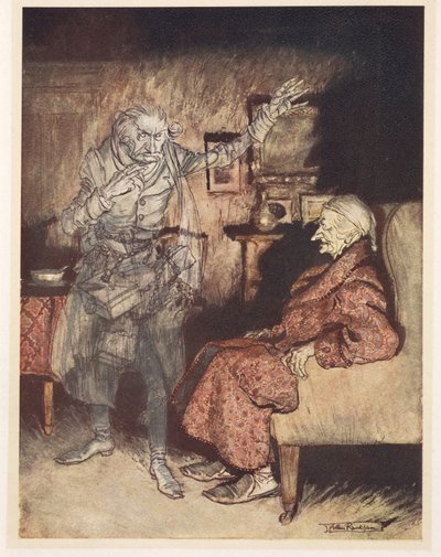 Ilustrace Scrooge s duchem minulých Vánoc od Arthur Rackham