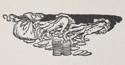 Ilustrace Scroogeových rukou počítání peněz od Arthur Rackham