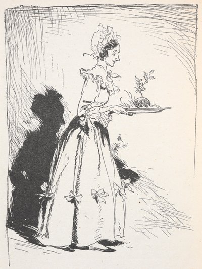 Ilustrace ženy nesoucí vánoční pudink od Arthur Rackham
