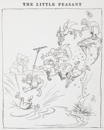 Ilustrace mužů skákajících z útesu do rybníka z filmu Malí rolníci. od Arthur Rackham