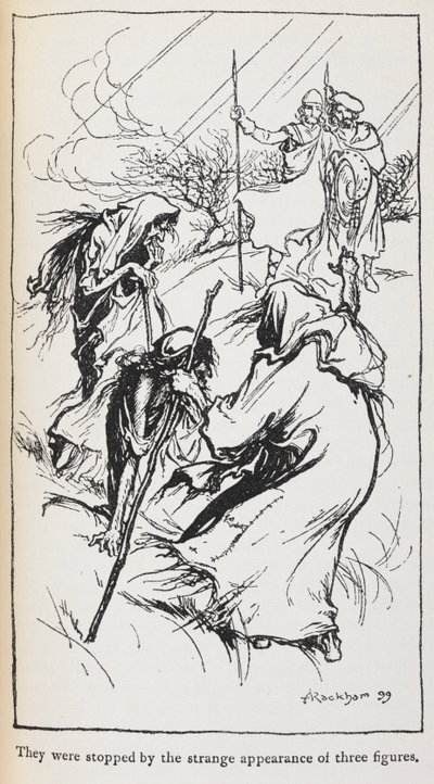 Ilustrace tří čarodějnic, Macbeth a Banquo. od Arthur Rackham