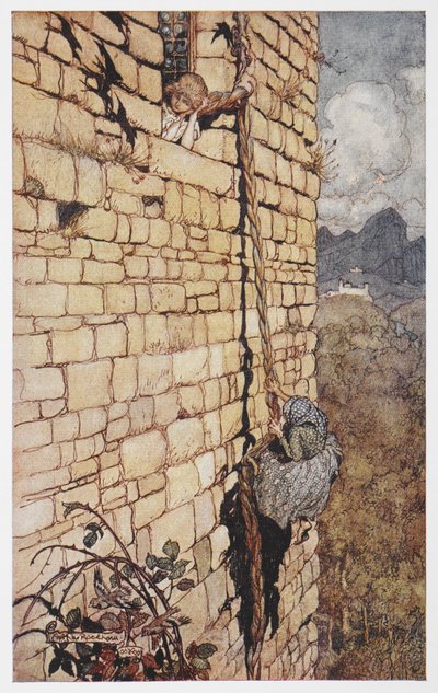 Ilustrace čarodějnice šplhající po Rapunzeliných vlasech. od Arthur Rackham