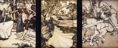Ilustrace k filmu Morte d"Arthur: Sir Galahad kreslí Balinův meč z plovoucího kamene; La Cole Same Taile zabíjí lva, který ohrozil královnu Gueneveru; a Beaumains poráží zeleného rytíře, 1902 od Arthur Rackham
