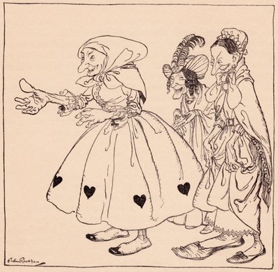 Vstoupily tři ženy oblečené tím nejúžasnějším způsobem. Ilustrace Arthura Rackhama z Grimm