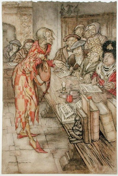 "In did come the strangest figure", ilustrace z knihy "The Pied Piper of Hamelin", Robert Browning (1812-1989), verze vydaná v roce 1929 (akvarel s perem a tuší na papíře) od Arthur Rackham