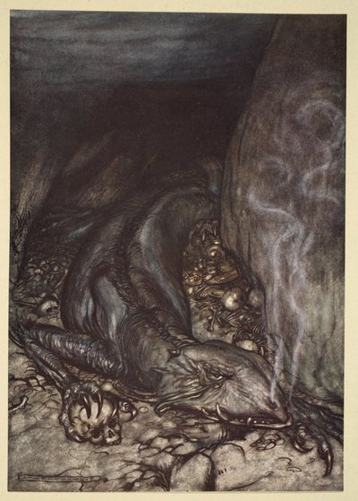 "V dračí podobě nyní Fafner hlídá poklad", ilustrace z knihy "Siegfried a soumrak bohů". od Arthur Rackham