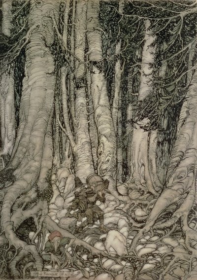 V lese se sudem od Ripa Van Winkla napsal Washington Irving (1783-1859), 1905 od Arthur Rackham