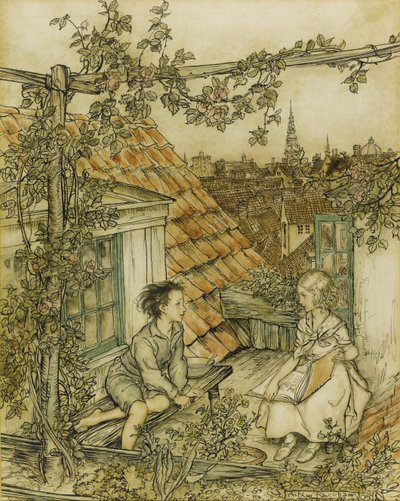 Kay a Gerda ve své zahradě vysoko na střeše. Ilustrace k pohádce Sněhová královna, 18 od Arthur Rackham